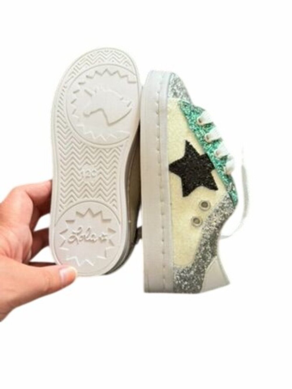Lola & The Boys Star Silver Glitter Sneakers Size EU 30 With Green & Pink Accent - Picture 4 of 4